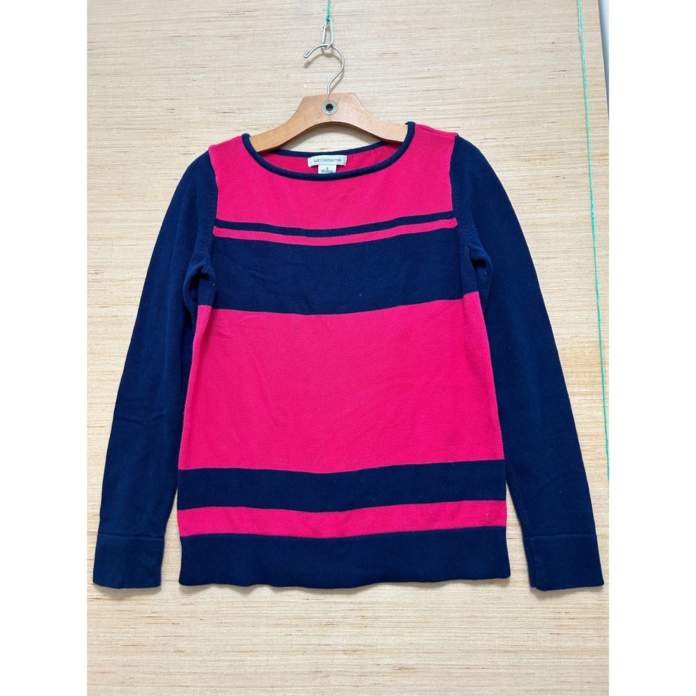 Liz Claiborne Womens Pink Navy Blue Striped Cotton Knit Sweater Small‎ Boat Neck